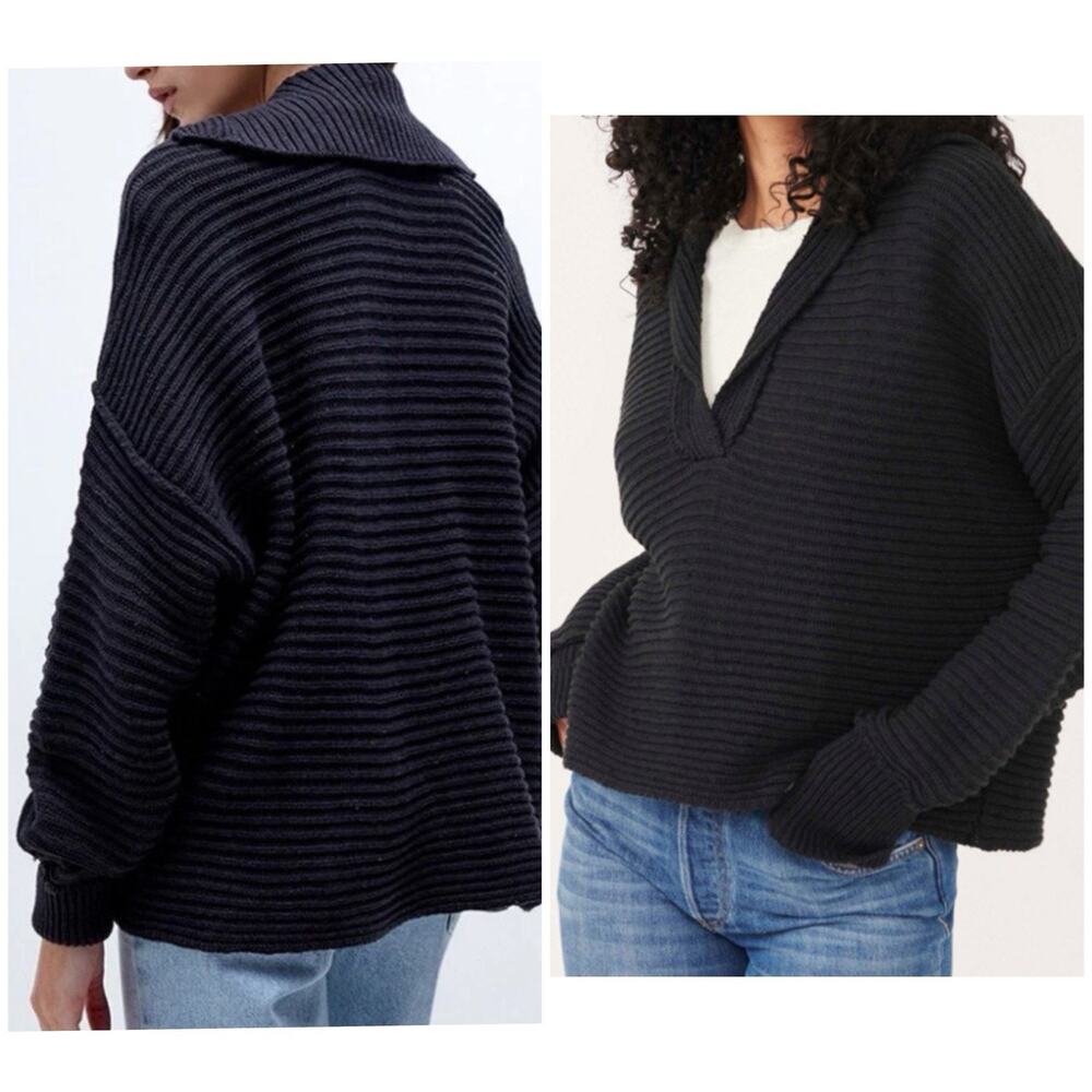 Free People Oversized Knit Sweater S Dark Gray Ribbed VNeck Slouchy Cozy